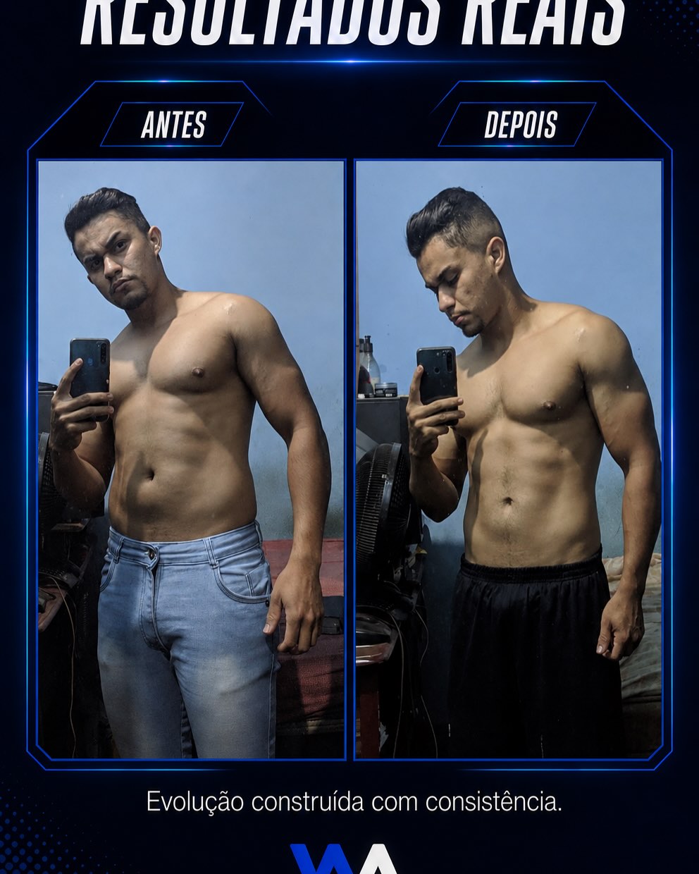 Comparativo antes e depois de aluno mostrando evolução física