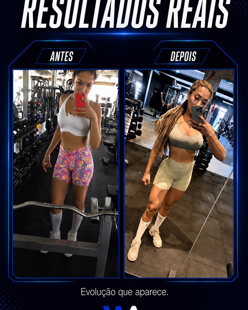 Comparativo antes e depois de aluna na academia